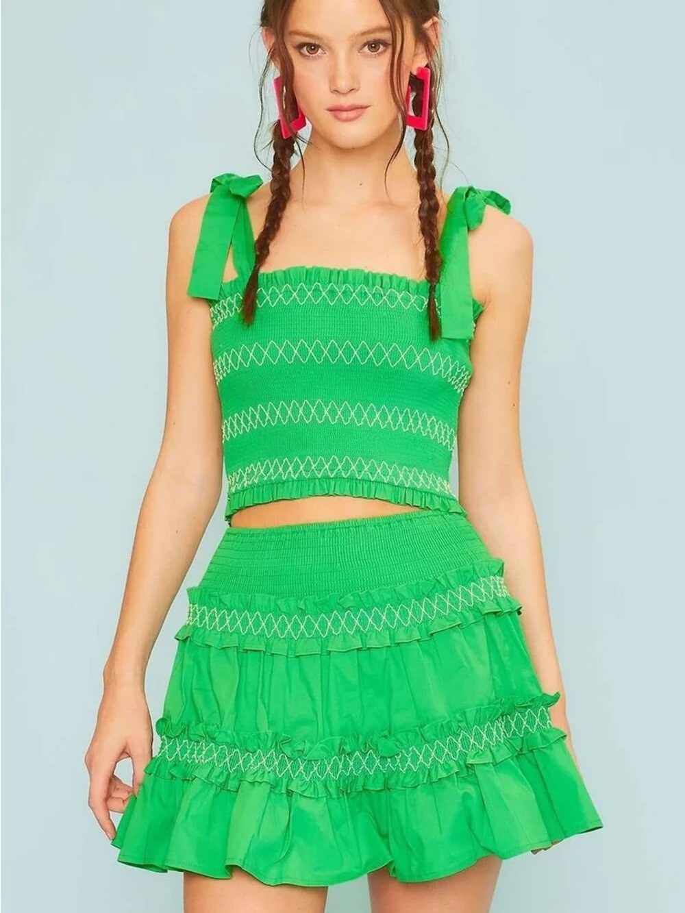 Green Smocked two-piece set Skirt set with bow tie detail